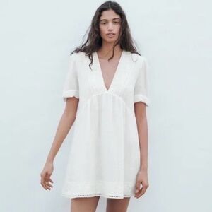 Zara White Linen V-Neck Floral Eyelet Details Summer Spring Dress Size XL